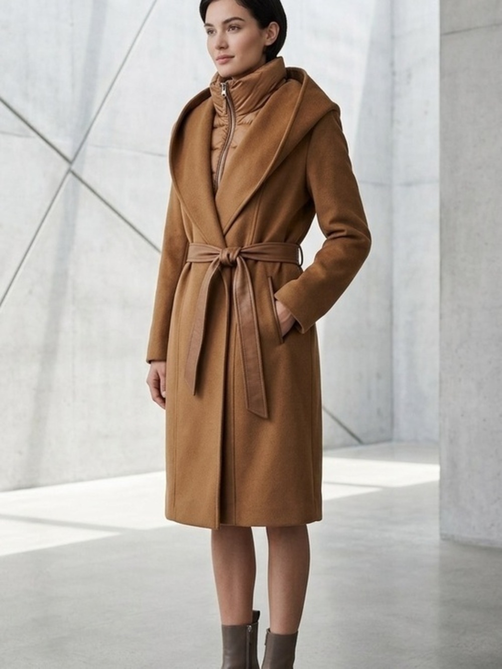NWT Mackage Shia-Z Camel Double-Face Wool Wrap Coat Removable Down Bib Hooded XL